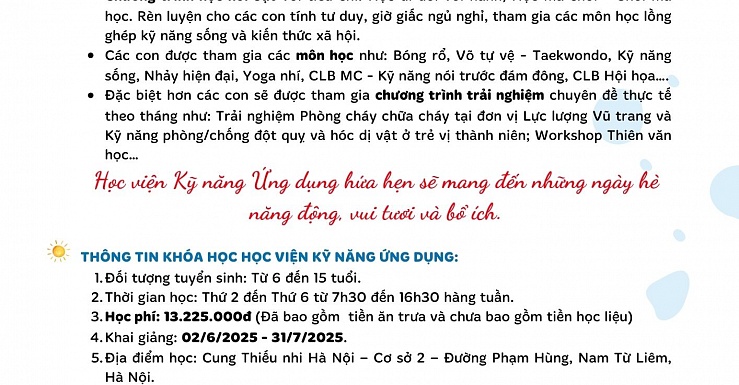 CLB BÁN TRÚ HÈ HỌC VIỆN KỸ NĂNG ỨNG DỤNG TẠI CUNG THIẾU NHI HÀ NỘI - CƠ SỞ 2